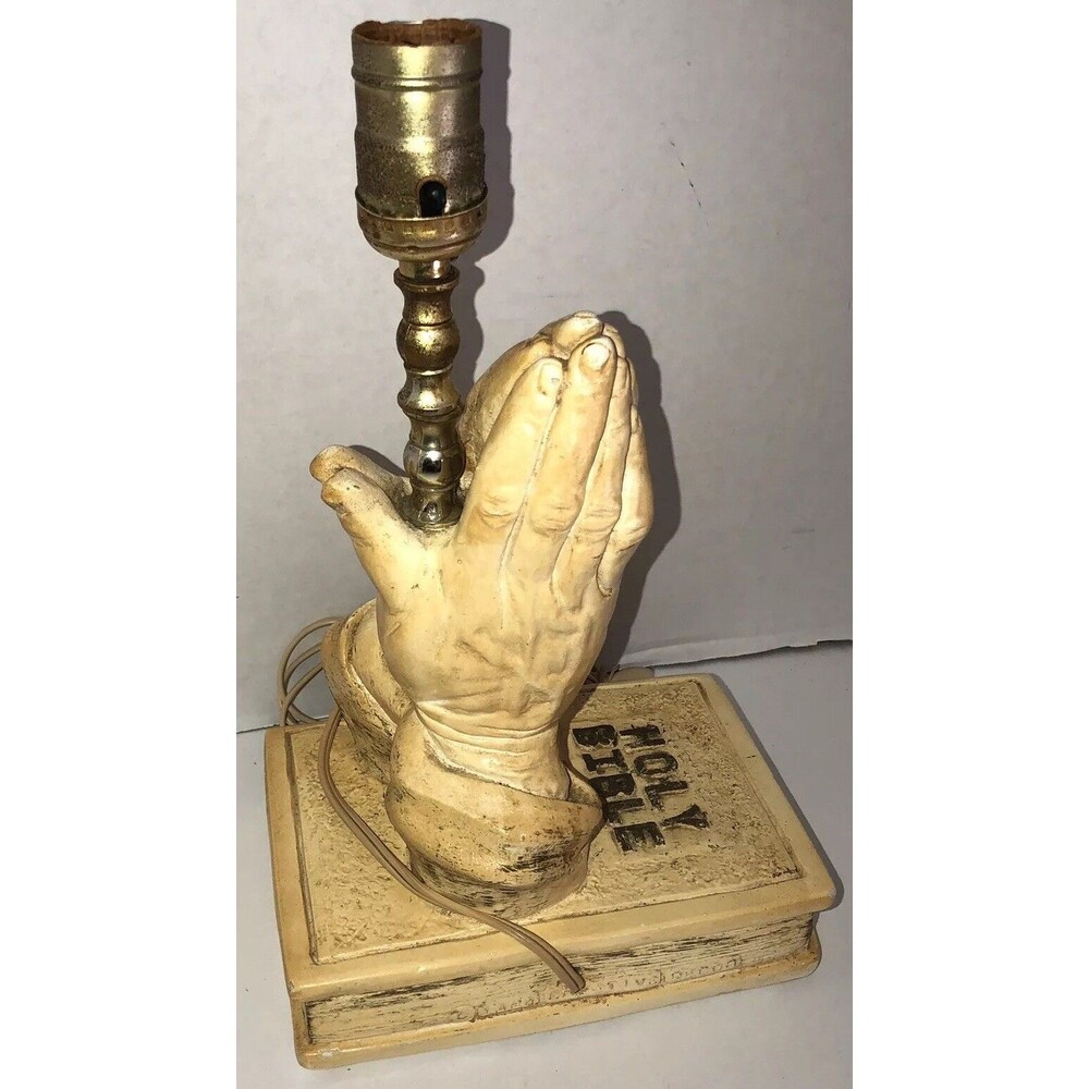 Vintage 80s HOLY BIBLE PRAYING HANDS Ceramic Table Lamp Creative Decor 1984 RARE
